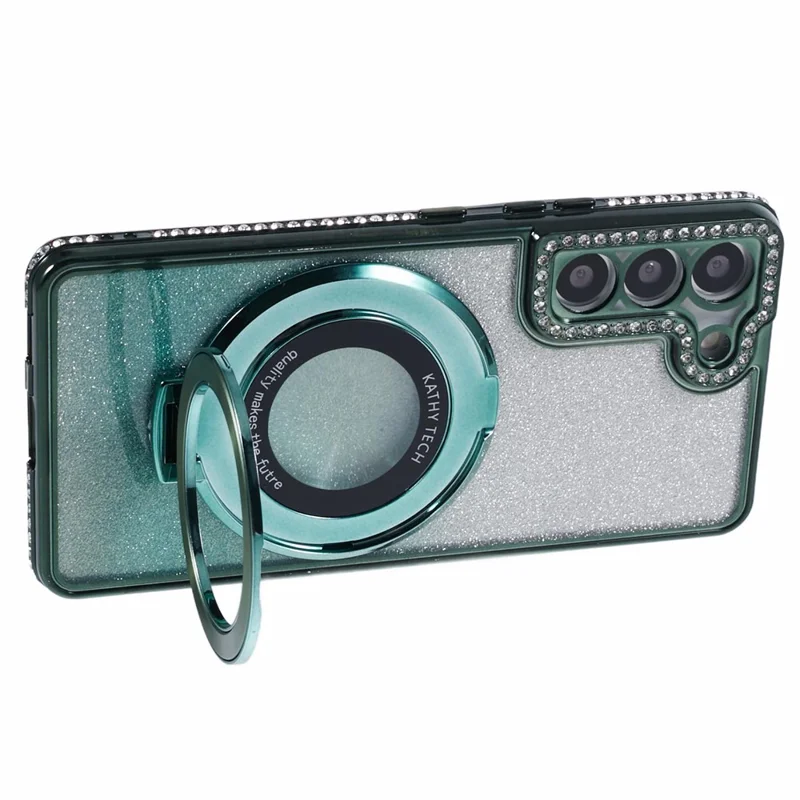 For Samsung Galaxy S22+ 5G Kickstand Case Rhinestone Decor Gradient TPU Phone Cover - Midnight Green