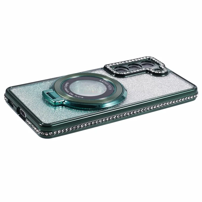 For Samsung Galaxy S22+ 5G Kickstand Case Rhinestone Decor Gradient TPU Phone Cover - Midnight Green