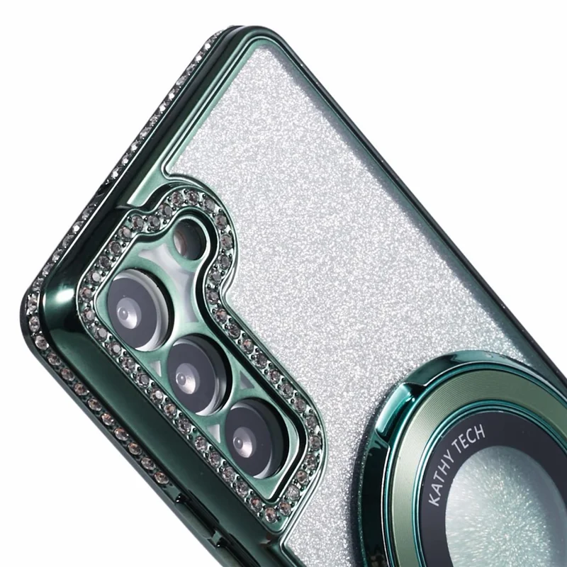 For Samsung Galaxy S22+ 5G Kickstand Case Rhinestone Decor Gradient TPU Phone Cover - Midnight Green