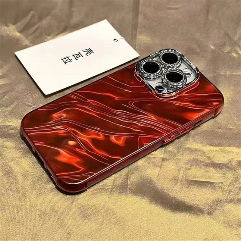 For iPhone 15 Pro Max Case Wavy Texture Acrylic+TPU Phone Cover with Lens Film - Red