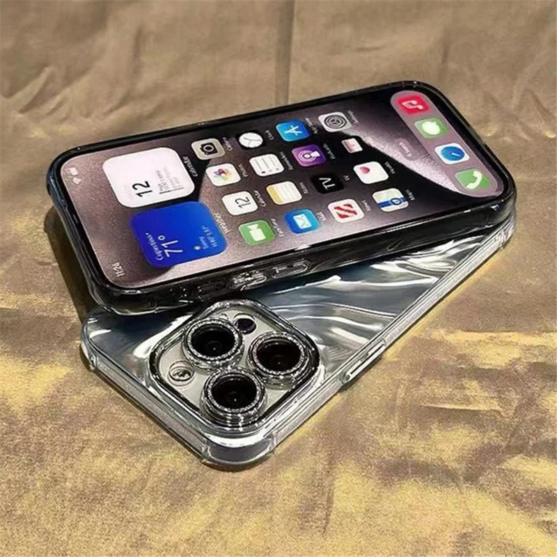 For iPhone 15 Pro Max Case Wavy Texture Acrylic+TPU Phone Cover with Lens Film - Red