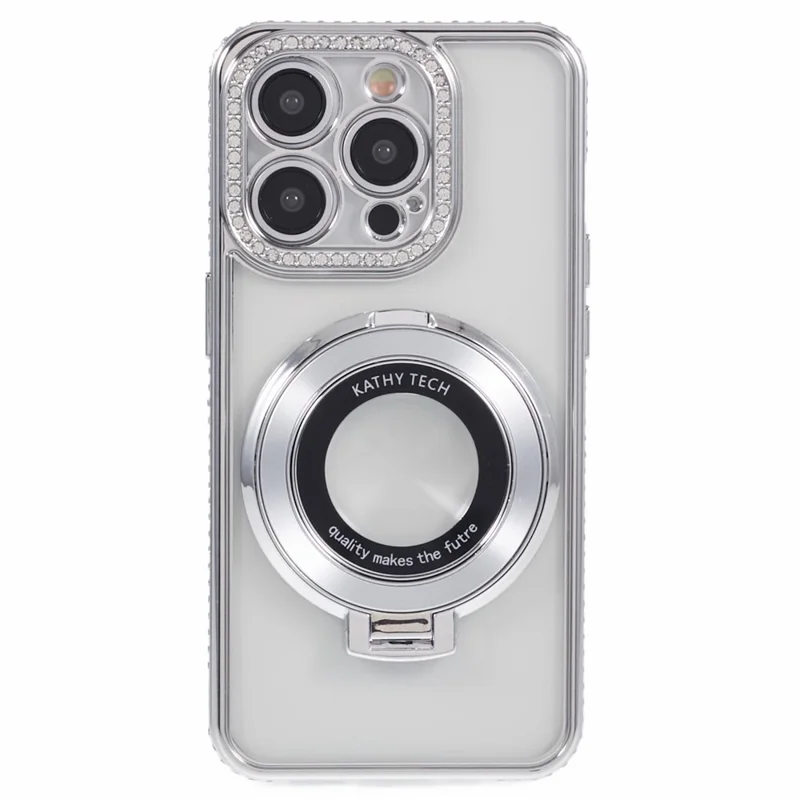 Per iPhone 14 Pro Max Rhinestones Decor Ring Kickstand TPU Phone Cover - Silver