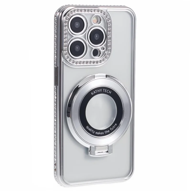 Per iPhone 14 Pro Max Rhinestones Decor Ring Kickstand TPU Phone Cover - Silver