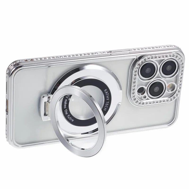 Per iPhone 14 Pro Max Rhinestones Decor Ring Kickstand TPU Phone Cover - Silver