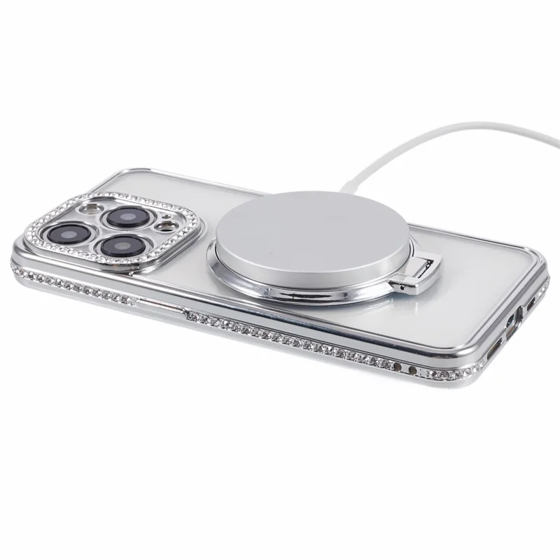 Per iPhone 14 Pro Max Rhinestones Decor Ring Kickstand TPU Phone Cover - Silver