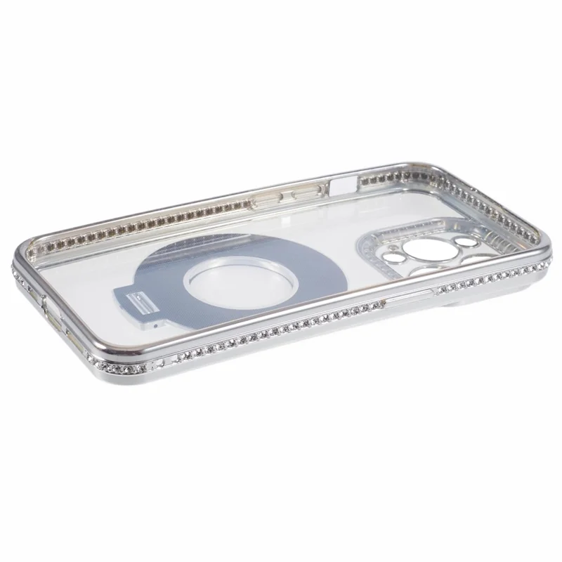 Per iPhone 14 Pro Max Rhinestones Decor Ring Kickstand TPU Phone Cover - Silver