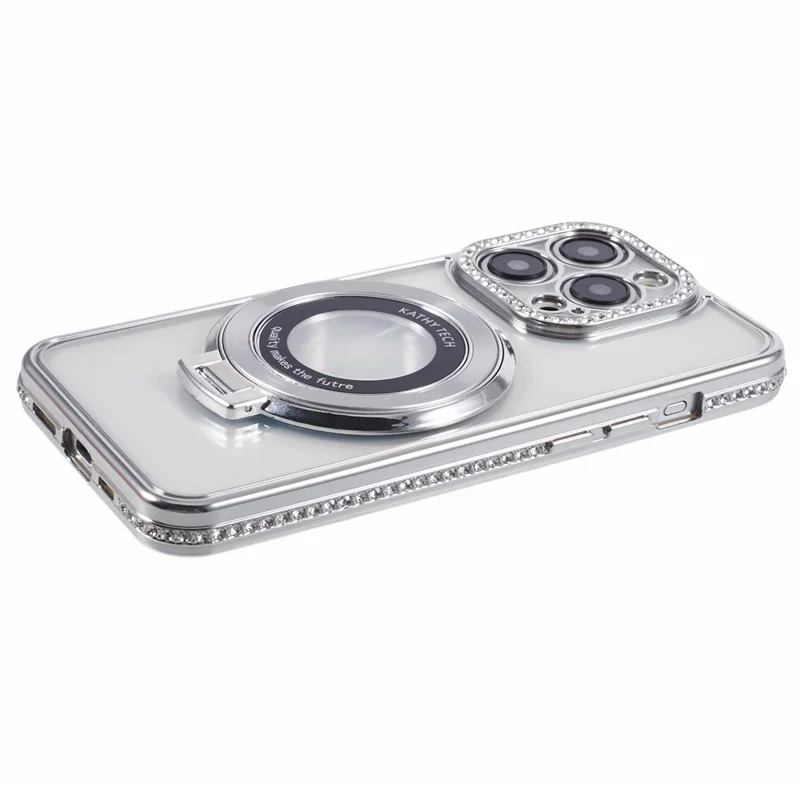 Per iPhone 14 Pro Max Rhinestones Decor Ring Kickstand TPU Phone Cover - Silver