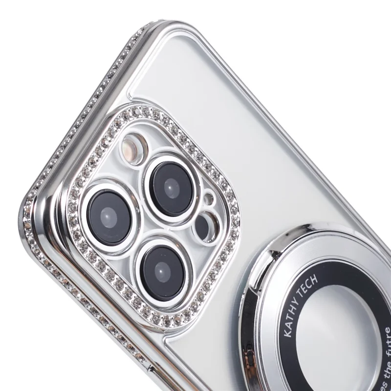 Per iPhone 14 Pro Max Rhinestones Decor Ring Kickstand TPU Phone Cover - Silver