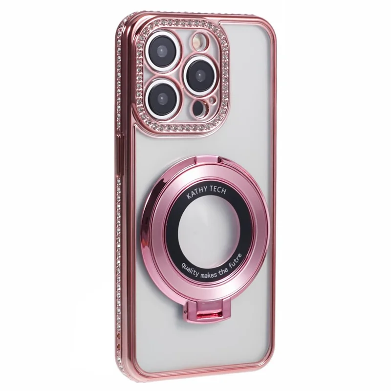 For iPhone 14 Pro Max Rhinestones Decor Ring Kickstand TPU Phone Cover - Rose Gold