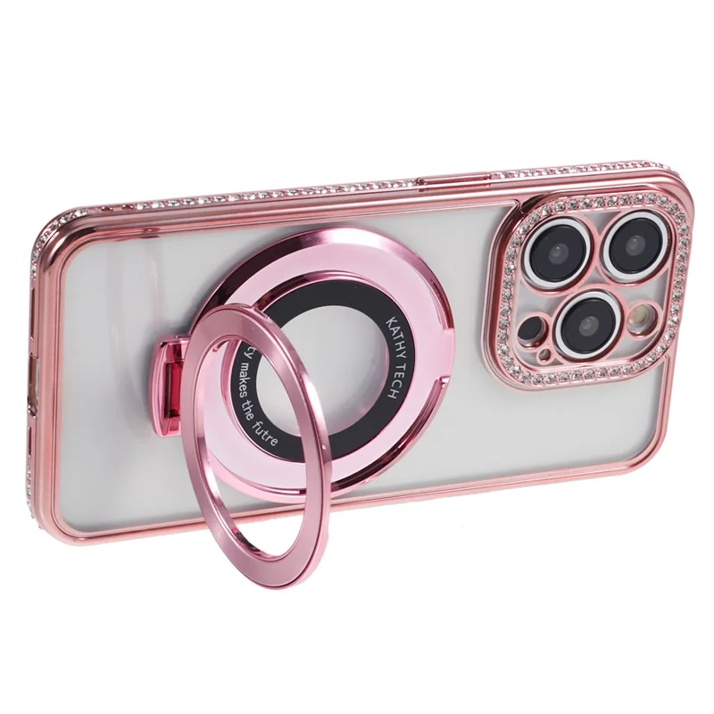 For iPhone 14 Pro Max Rhinestones Decor Ring Kickstand TPU Phone Cover - Rose Gold