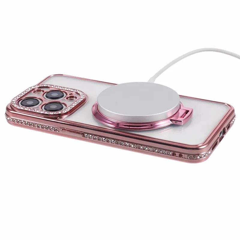 For iPhone 14 Pro Max Rhinestones Decor Ring Kickstand TPU Phone Cover - Rose Gold