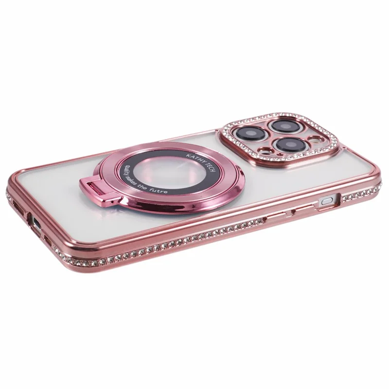 For iPhone 14 Pro Max Rhinestones Decor Ring Kickstand TPU Phone Cover - Rose Gold