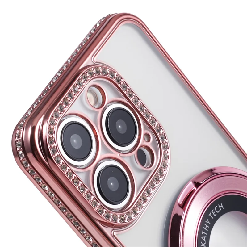 For iPhone 14 Pro Max Rhinestones Decor Ring Kickstand TPU Phone Cover - Rose Gold