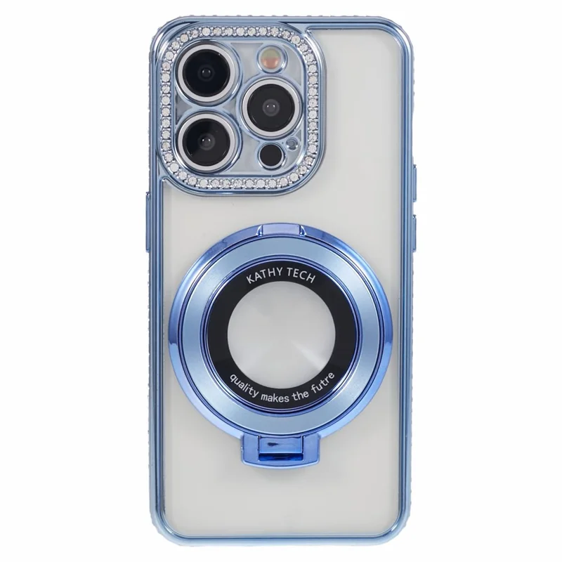 For iPhone 14 Pro Max Rhinestones Decor Ring Kickstand TPU Phone Cover - Blue