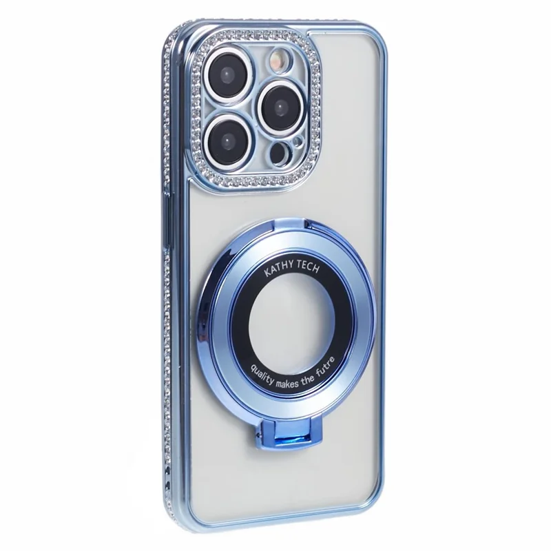 For iPhone 14 Pro Max Rhinestones Decor Ring Kickstand TPU Phone Cover - Blue