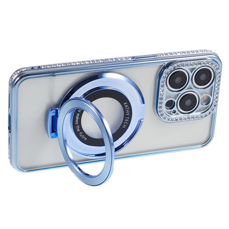 For iPhone 14 Pro Max Rhinestones Decor Ring Kickstand TPU Phone Cover - Blue