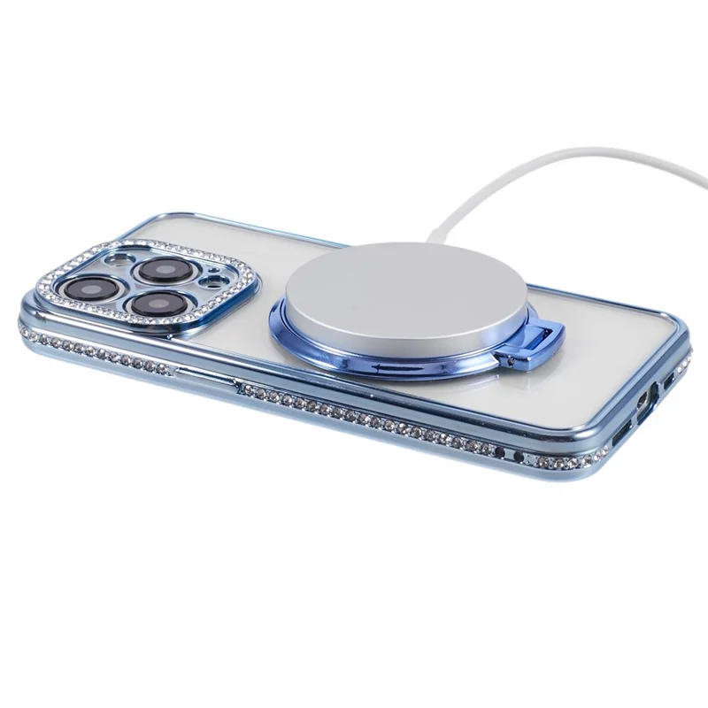 For iPhone 14 Pro Max Rhinestones Decor Ring Kickstand TPU Phone Cover - Blue