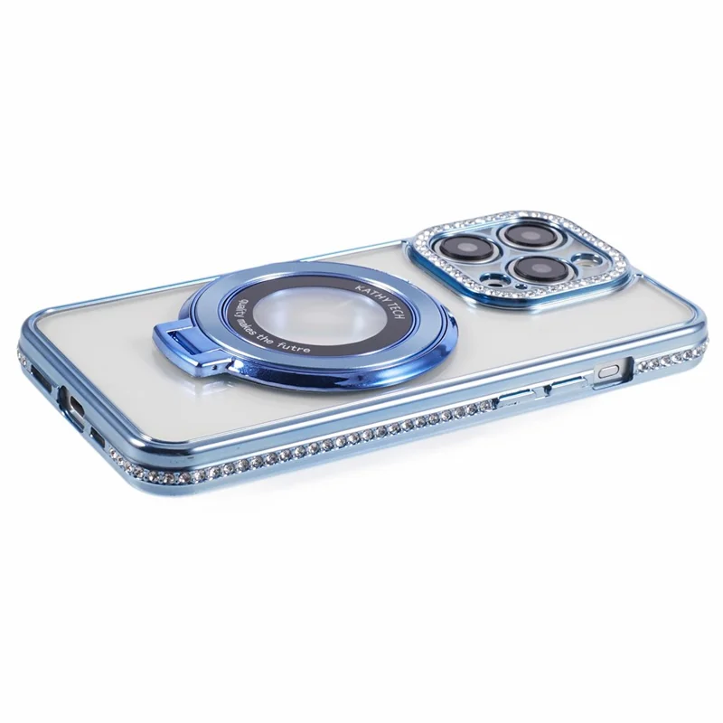 For iPhone 14 Pro Max Rhinestones Decor Ring Kickstand TPU Phone Cover - Blue