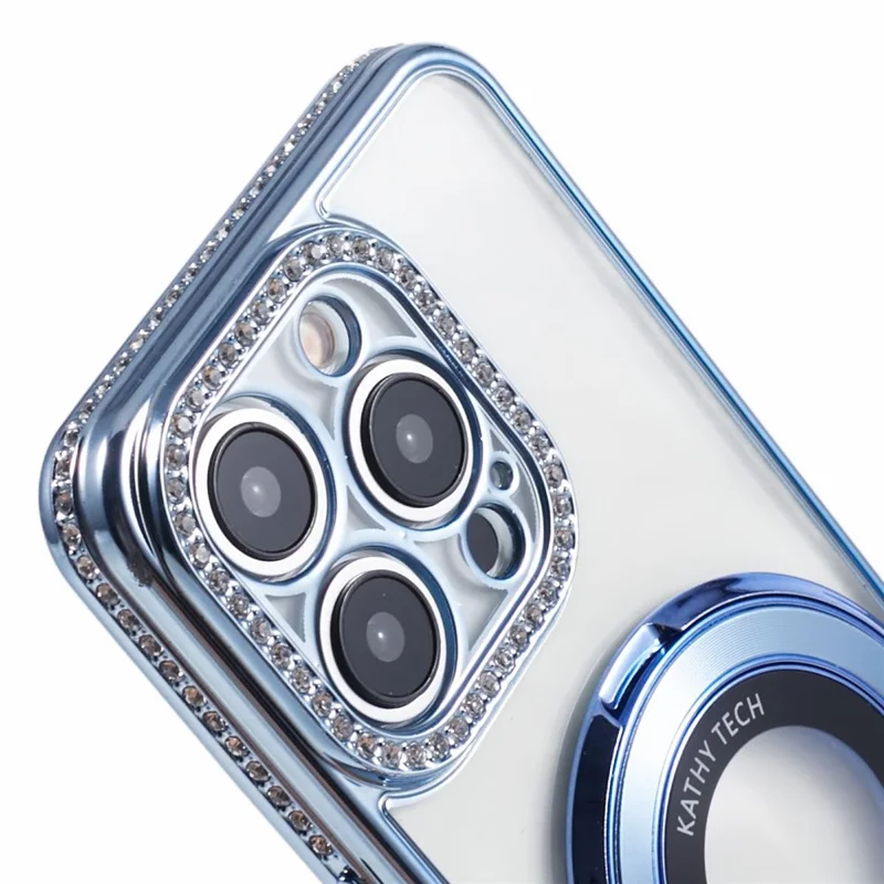 For iPhone 14 Pro Max Rhinestones Decor Ring Kickstand TPU Phone Cover - Blue