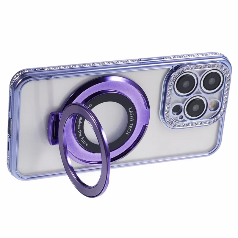 For iPhone 14 Pro Max Rhinestones Decor Ring Kickstand TPU Phone Cover - Dark Purple