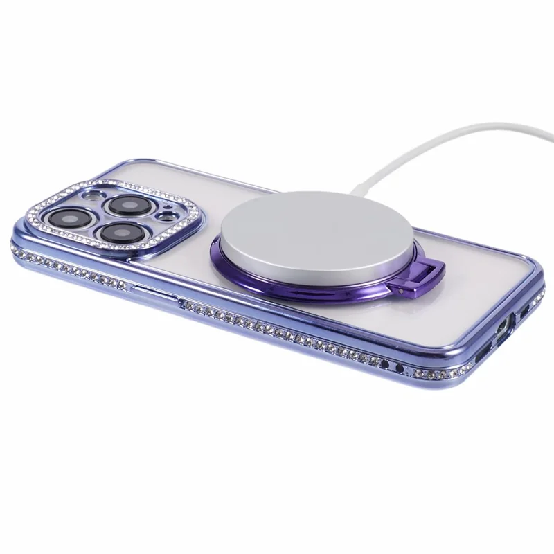 For iPhone 14 Pro Max Rhinestones Decor Ring Kickstand TPU Phone Cover - Dark Purple