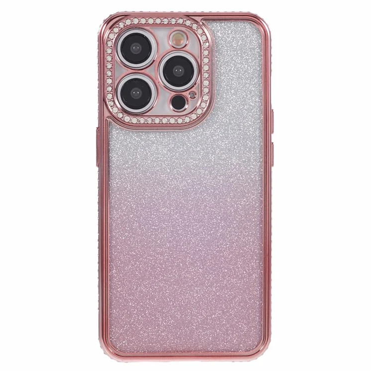 Pour iPhone 15 Pro Max Slim Case Rhinestones Decorated Gradient TPU Phone Cover - Rose Gold