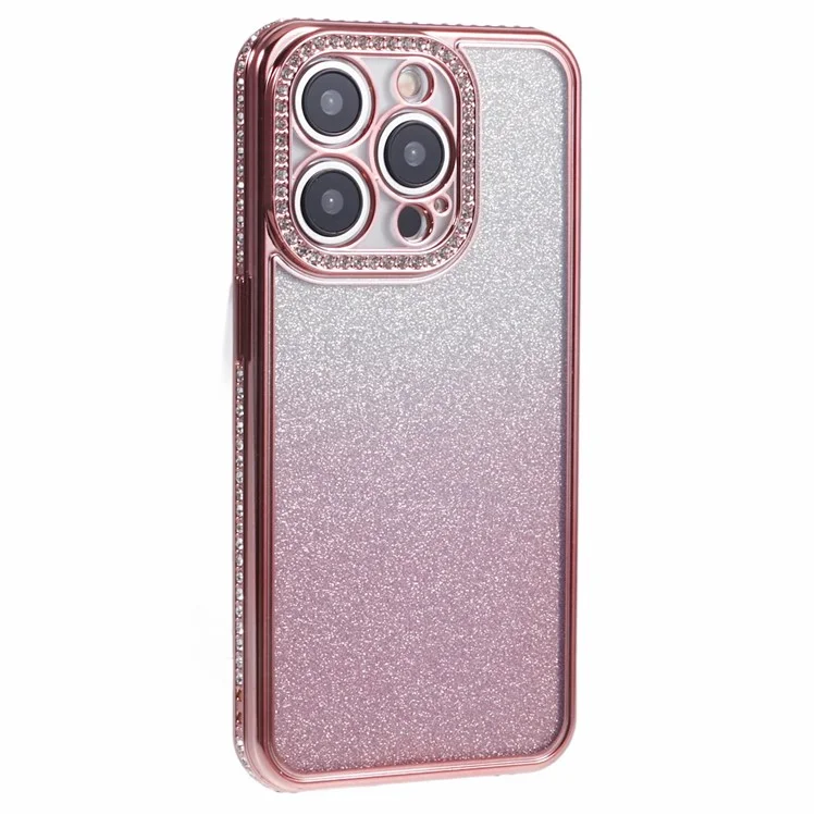 Pour iPhone 15 Pro Max Slim Case Rhinestones Decorated Gradient TPU Phone Cover - Rose Gold