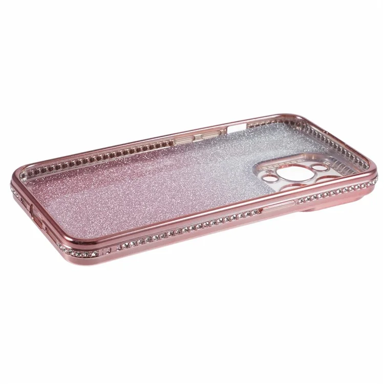 Pour iPhone 15 Pro Max Slim Case Rhinestones Decorated Gradient TPU Phone Cover - Rose Gold