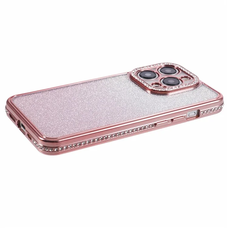 Pour iPhone 15 Pro Max Slim Case Rhinestones Decorated Gradient TPU Phone Cover - Rose Gold