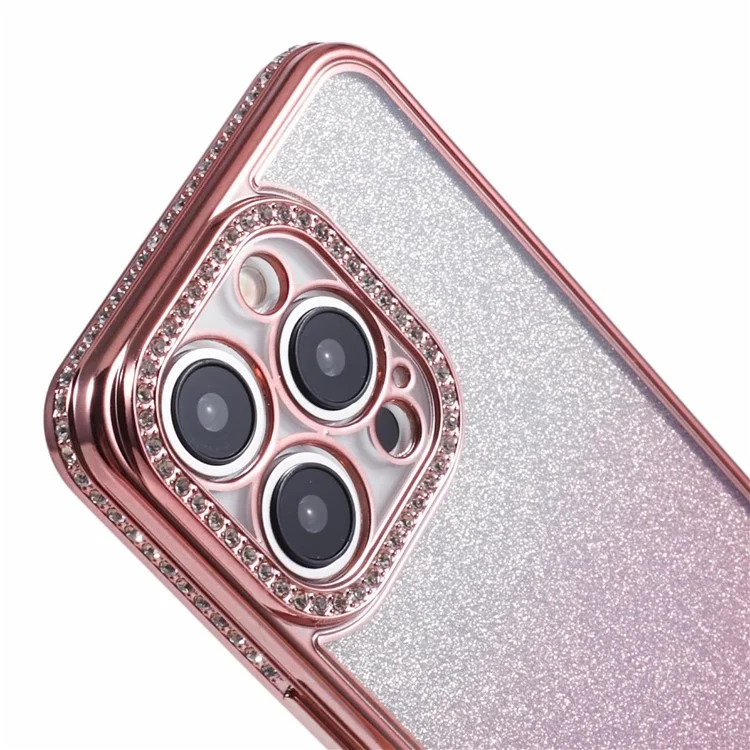 Pour iPhone 15 Pro Max Slim Case Rhinestones Decorated Gradient TPU Phone Cover - Rose Gold