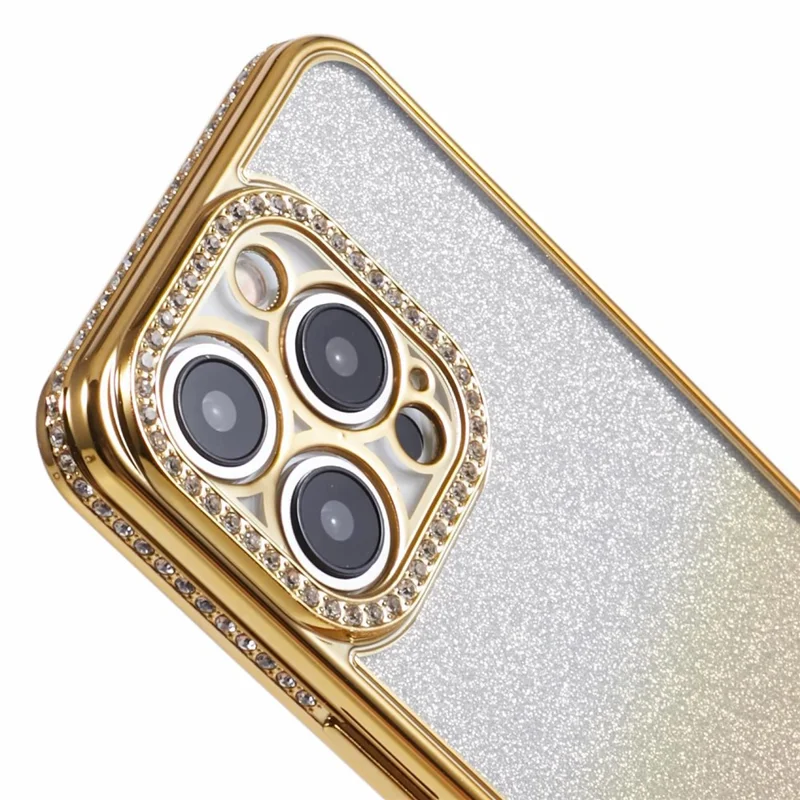 For iPhone 15 Pro Max Slim Case Rhinestones Decorated Gradient TPU Phone Cover - Gold