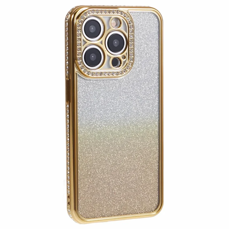 For iPhone 14 Pro Case Rhinestones Decor Gradient TPU Phone Cover Mobile Accessories   - Gold