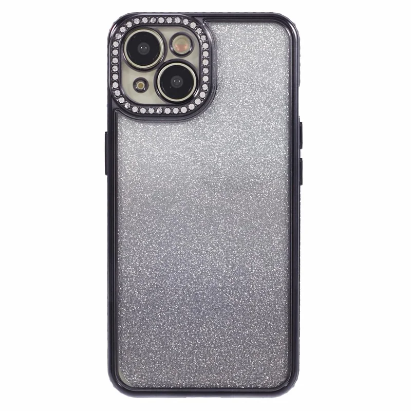 For iPhone 15 Case Gradient TPU Phone Cover with Rhinestone Lens Frame - Black