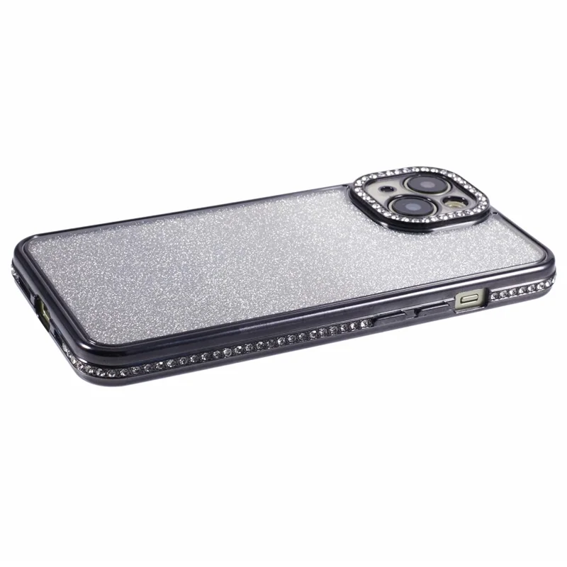 For iPhone 15 Case Gradient TPU Phone Cover with Rhinestone Lens Frame - Black