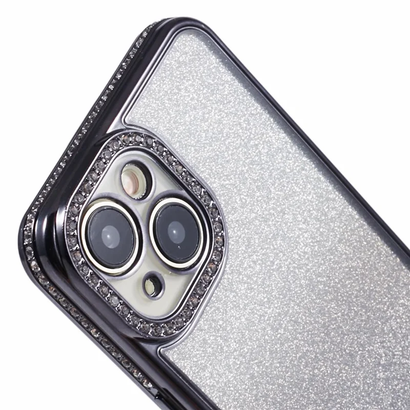 For iPhone 15 Case Gradient TPU Phone Cover with Rhinestone Lens Frame - Black