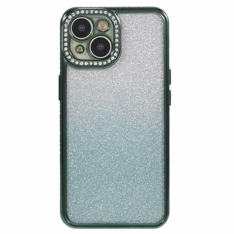 For iPhone 14 Case Camera Protection Glitter Rhinestone Decor Gradient TPU Phone Cover - Midnight Green