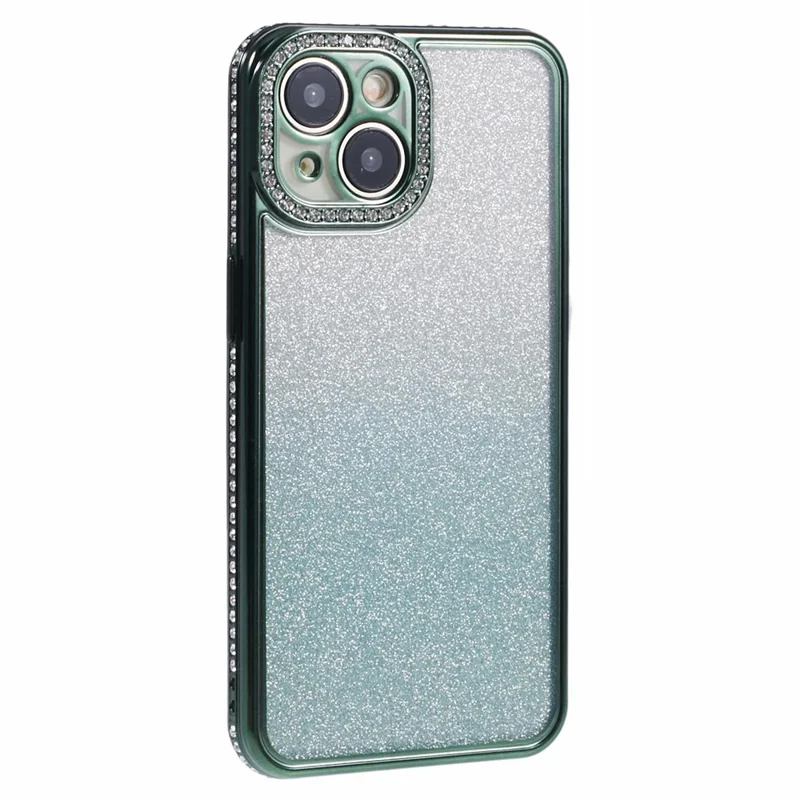For iPhone 14 Case Camera Protection Glitter Rhinestone Decor Gradient TPU Phone Cover - Midnight Green