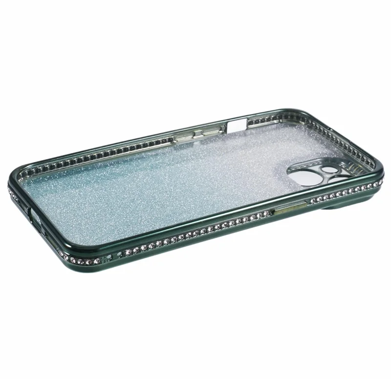 For iPhone 14 Case Camera Protection Glitter Rhinestone Decor Gradient TPU Phone Cover - Midnight Green