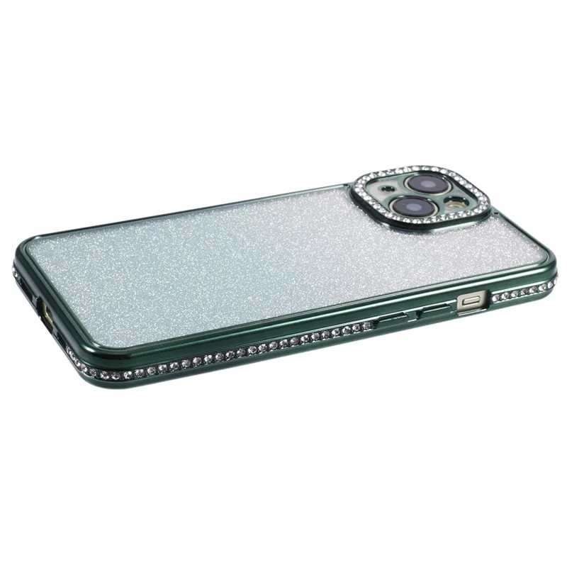 For iPhone 14 Case Camera Protection Glitter Rhinestone Decor Gradient TPU Phone Cover - Midnight Green