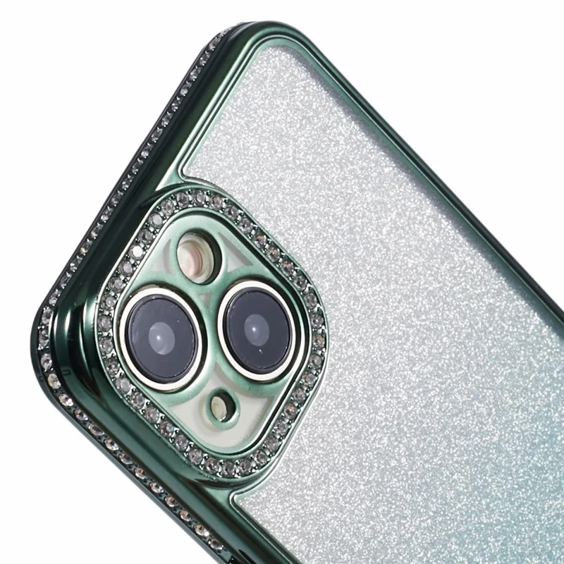 For iPhone 14 Case Camera Protection Glitter Rhinestone Decor Gradient TPU Phone Cover - Midnight Green