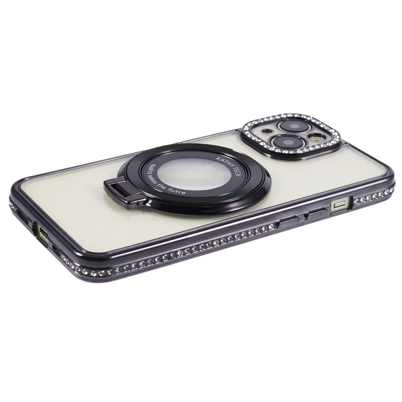 For iPhone 15 Case with Ring Kickstand TPU Anti-Dust Rhinestones Decor Protective Cover - Black