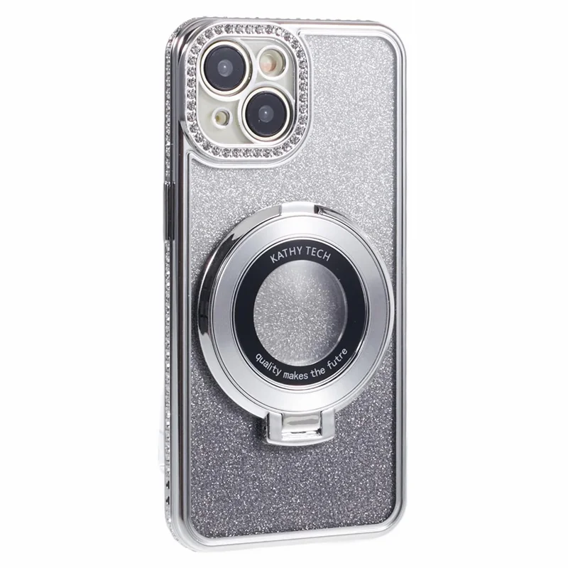 For iPhone 15 Plus Gradient Case Kickstand Shiny Rhinestone Decor TPU Phone Cover - Silver