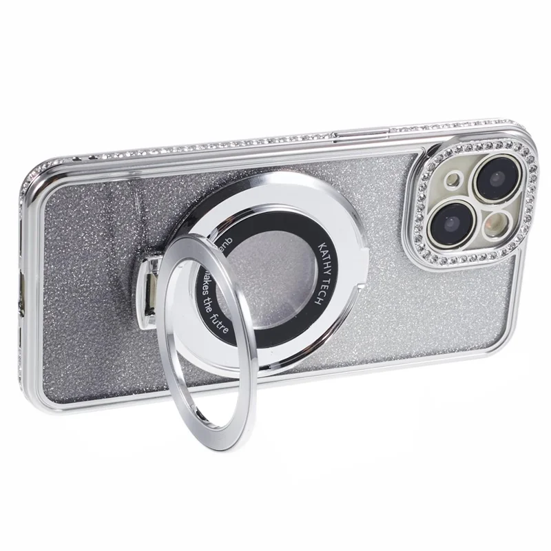 For iPhone 15 Plus Gradient Case Kickstand Shiny Rhinestone Decor TPU Phone Cover - Silver