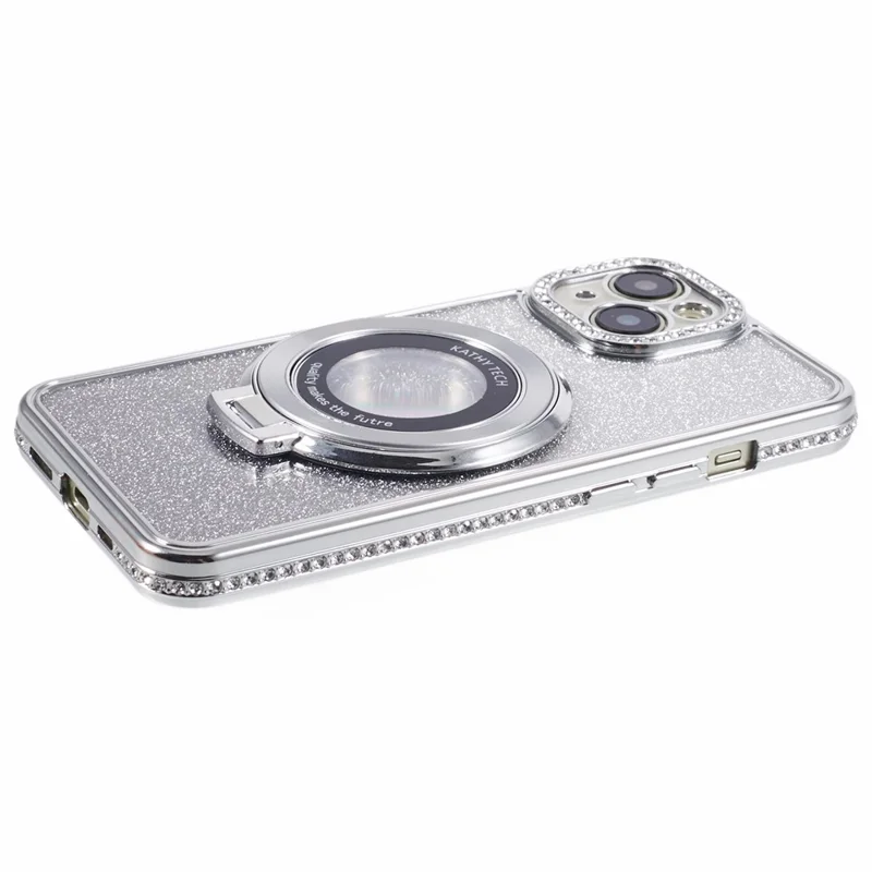 For iPhone 15 Plus Gradient Case Kickstand Shiny Rhinestone Decor TPU Phone Cover - Silver