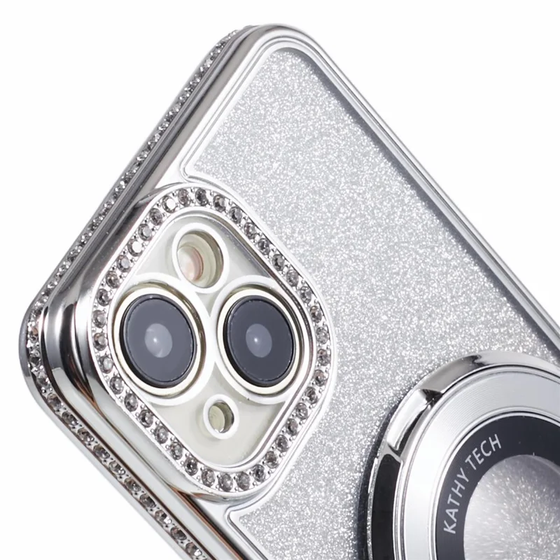 For iPhone 15 Plus Gradient Case Kickstand Shiny Rhinestone Decor TPU Phone Cover - Silver