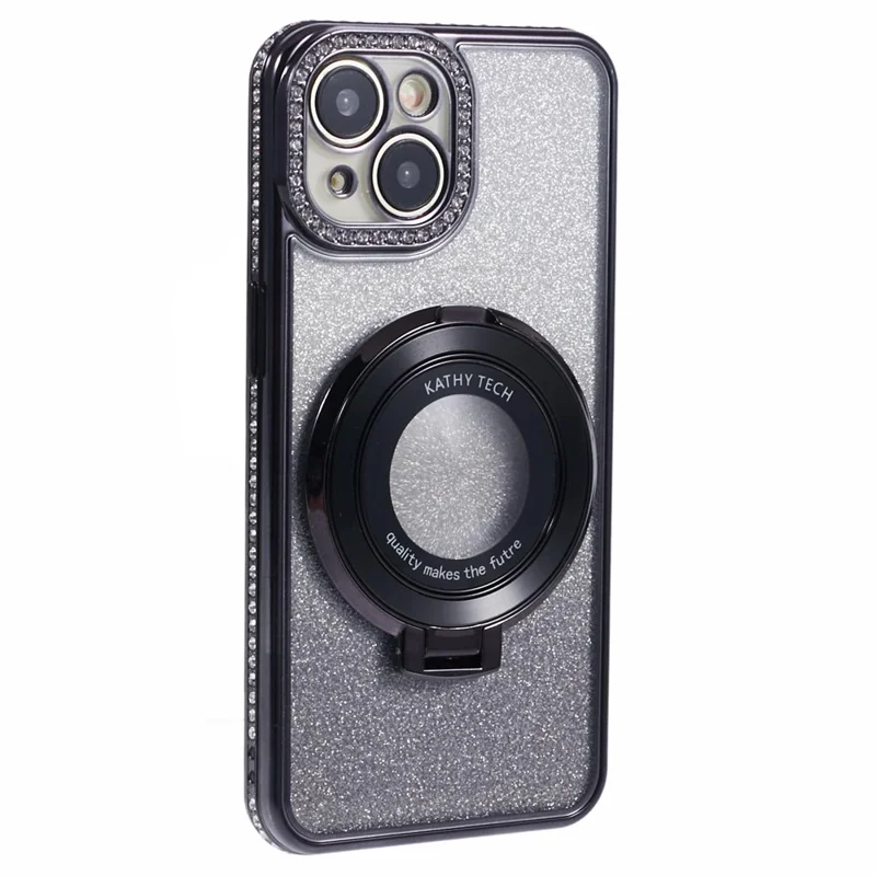 For iPhone 15 Plus Gradient Case Kickstand Shiny Rhinestone Decor TPU Phone Cover - Black