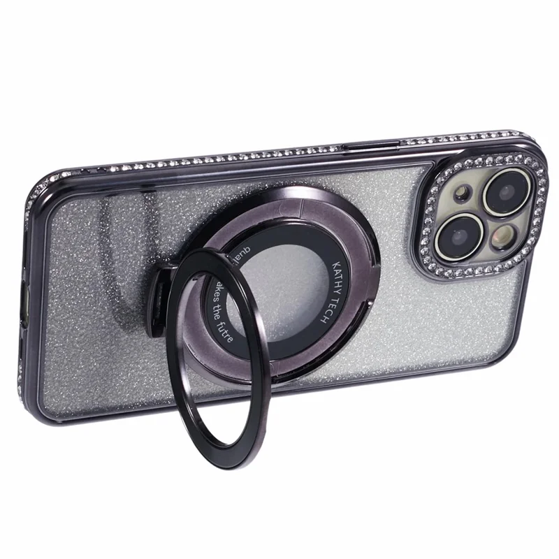 For iPhone 15 Plus Gradient Case Kickstand Shiny Rhinestone Decor TPU Phone Cover - Black