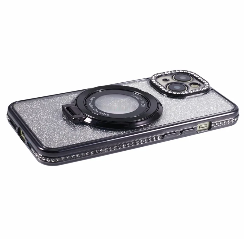 For iPhone 15 Plus Gradient Case Kickstand Shiny Rhinestone Decor TPU Phone Cover - Black