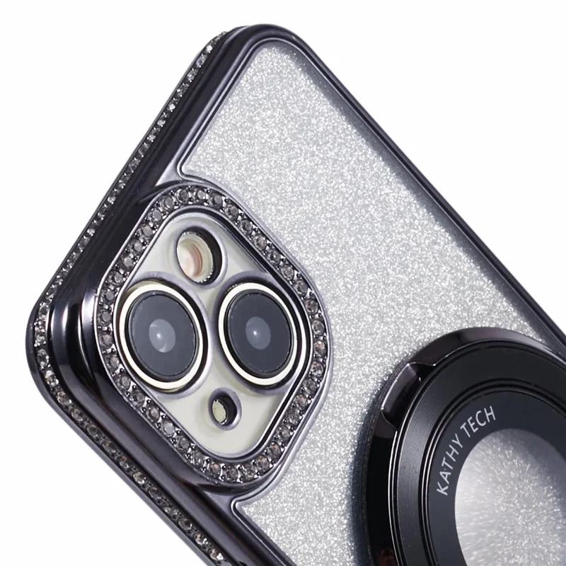 For iPhone 15 Plus Gradient Case Kickstand Shiny Rhinestone Decor TPU Phone Cover - Black