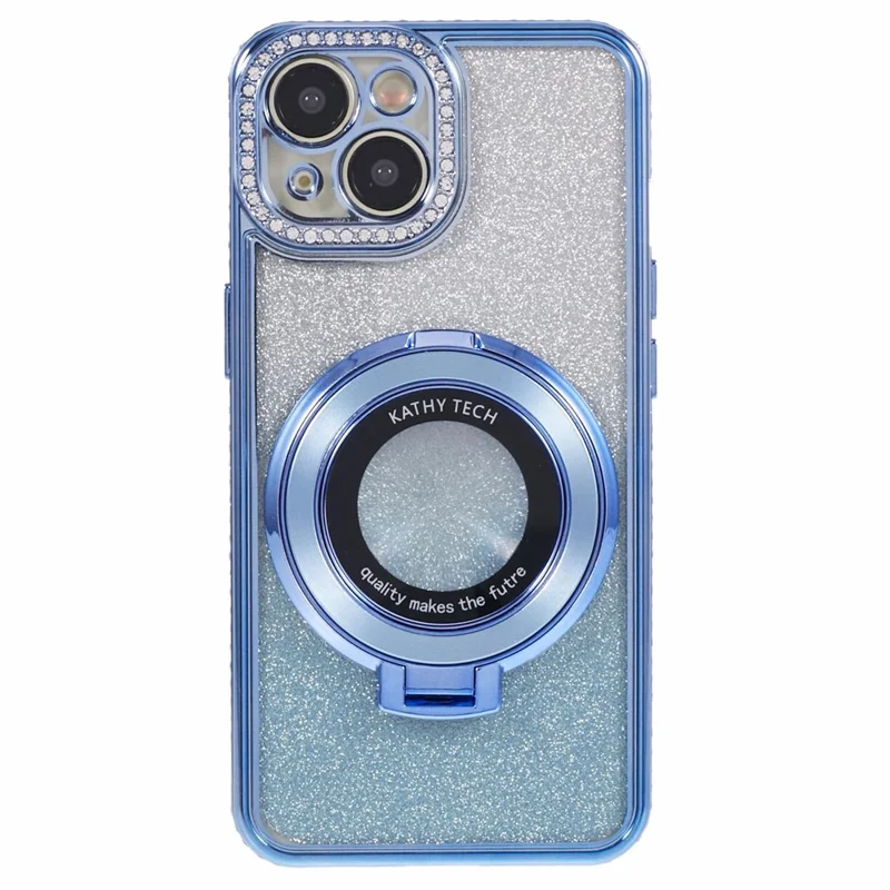 For iPhone 15 Plus Gradient Case Kickstand Shiny Rhinestone Decor TPU Phone Cover - Blue